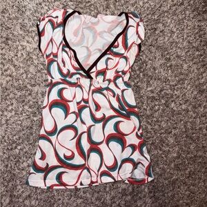 Women’s Printed V-Neck Blouse in White with Red & Teal Accents